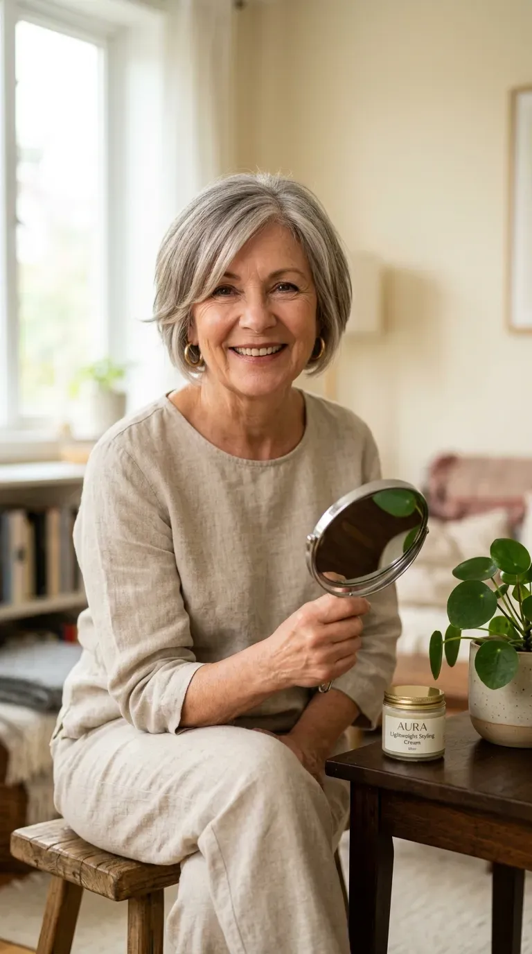 Woman over 60 with a short haircut featuring soft face-framing layers