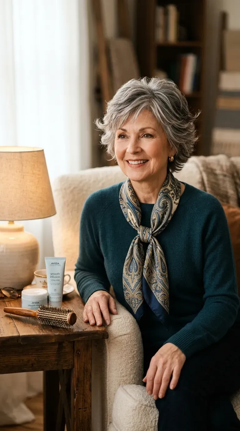 Woman over 60 with feathered layers throughout a short haircut