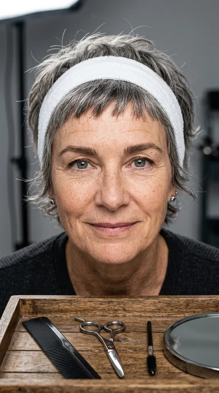 Woman over 60 with a layered haircut paired with a short micro-fringe