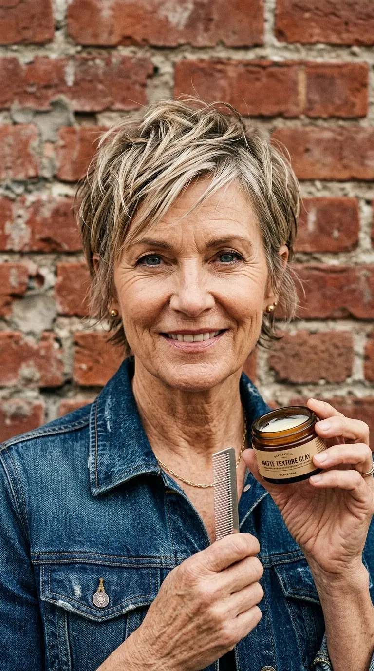 Woman over 60 with a piecey layered crop haircut