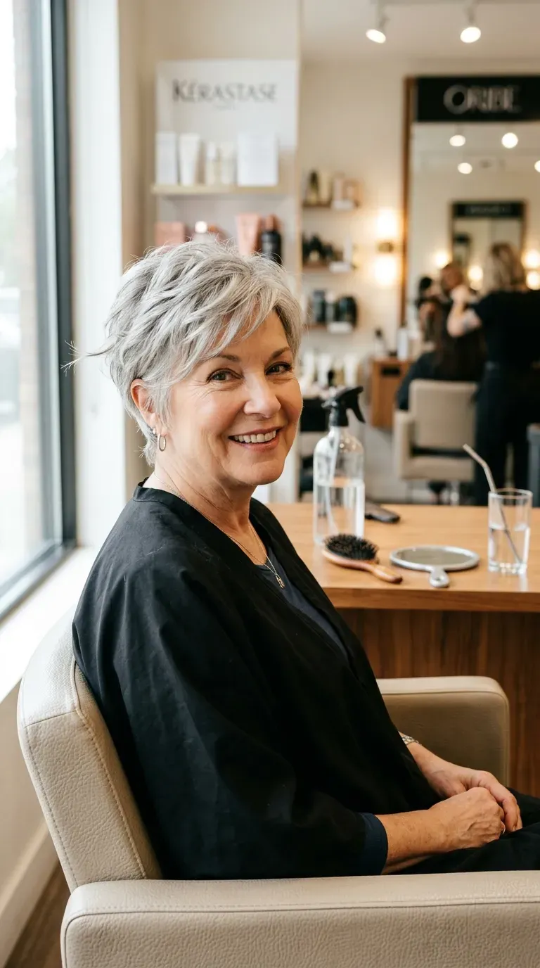 Woman over 60 with a layered pixie haircut and soft movement