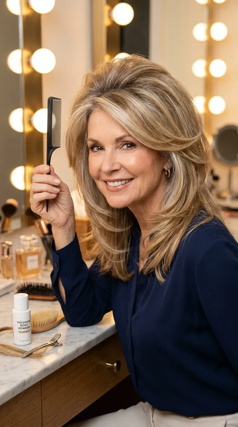 Woman over 60 with a layered haircut featuring visible root lift