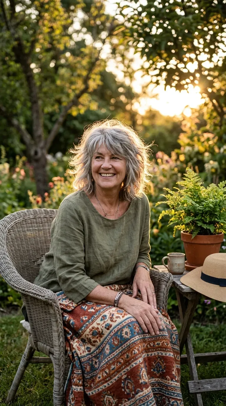 Woman over 60 with a heavily layered shag haircut