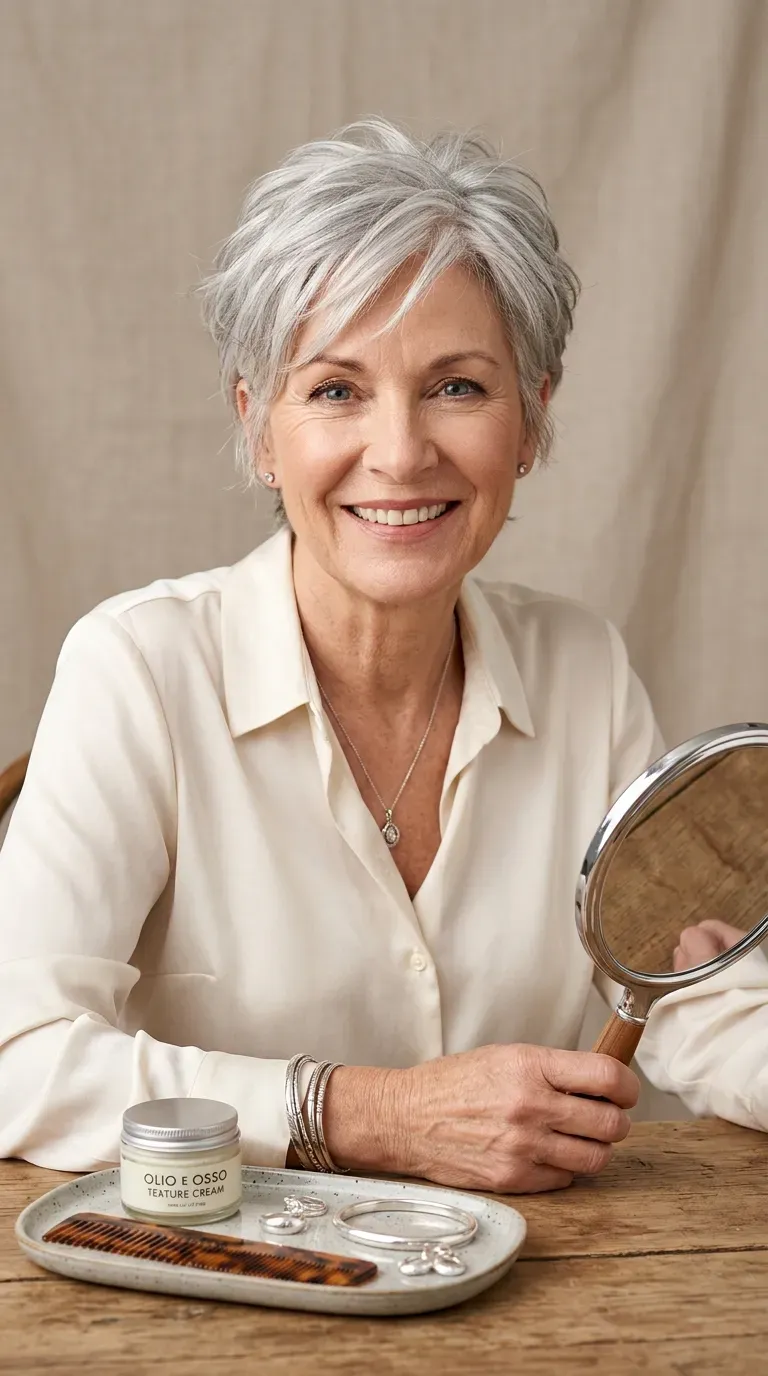 Woman over 60 with a silver layered pixie haircut