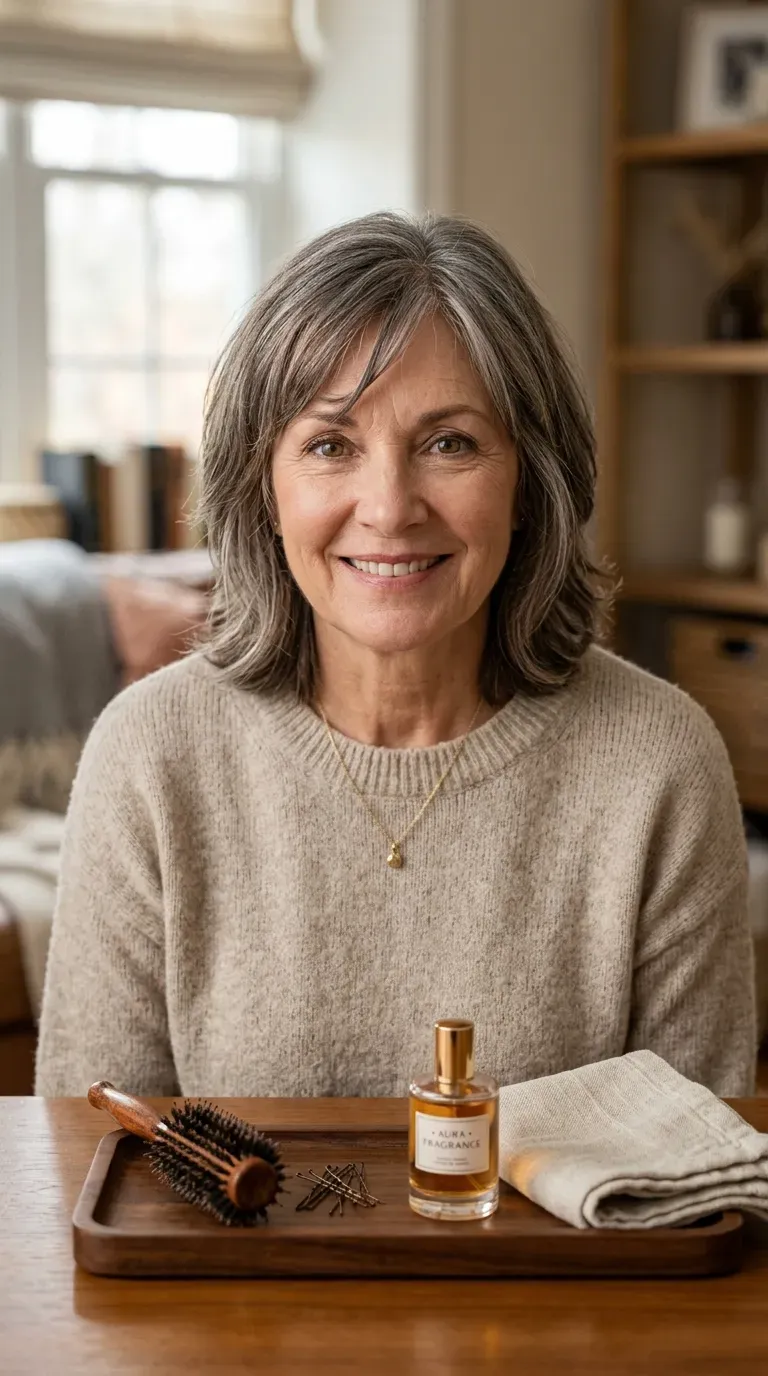 Woman over 60 with a layered haircut and soft side-swept bangs