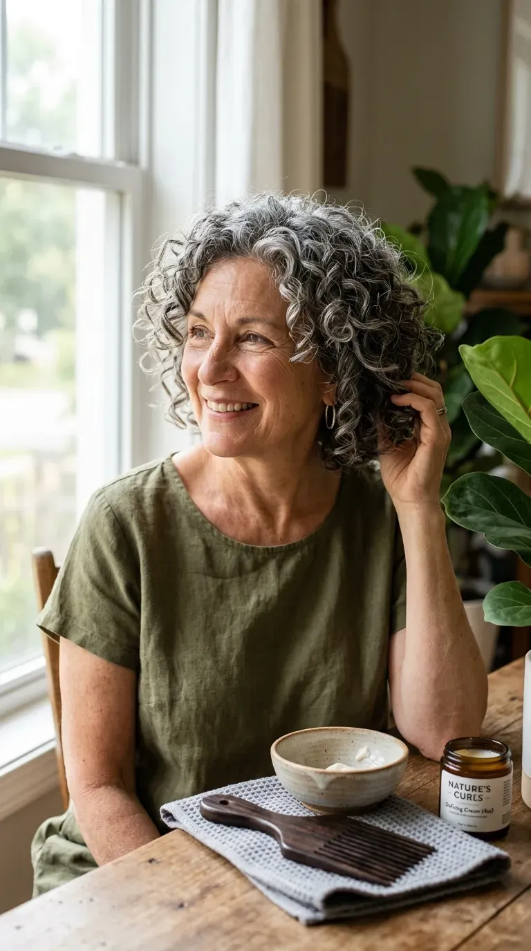 Woman over 60 with a layered haircut styled with soft natural curls