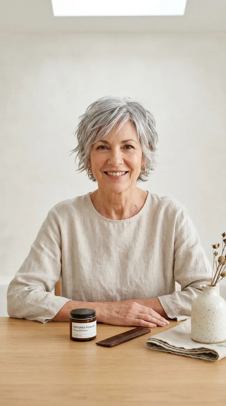 Woman over 60 with a textured layered crop haircut