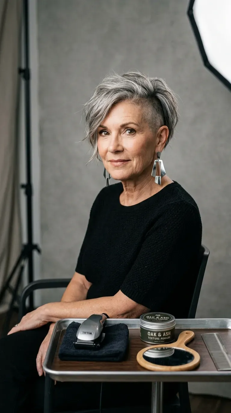 Woman over 60 with a layered haircut featuring a bold undercut