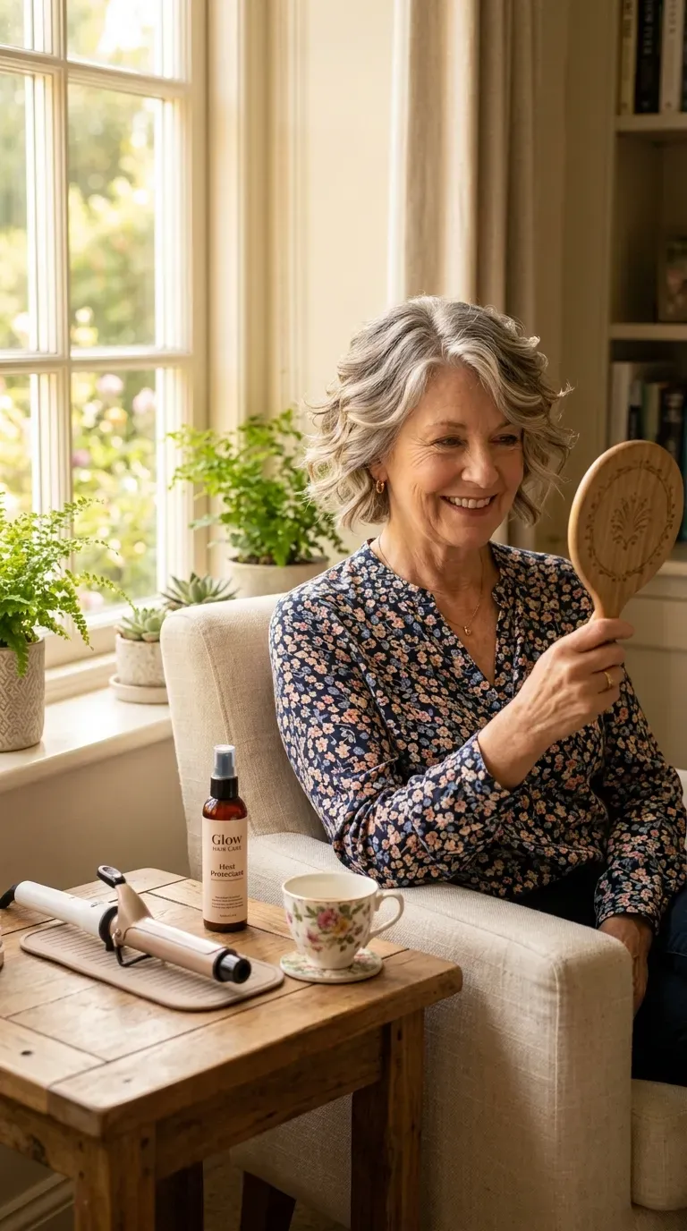 Woman over 60 with a wavy layered crop haircut