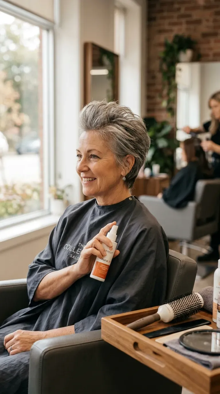 Woman over 50 with fine hair styled in short lifted layers near the crown