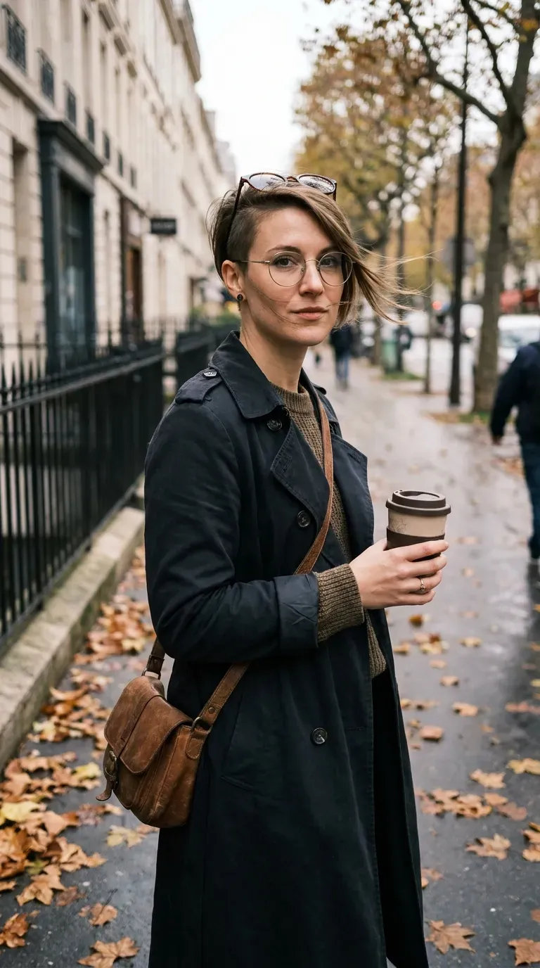 Asymmetrical pixie haircut with uneven lengths worn with glasses