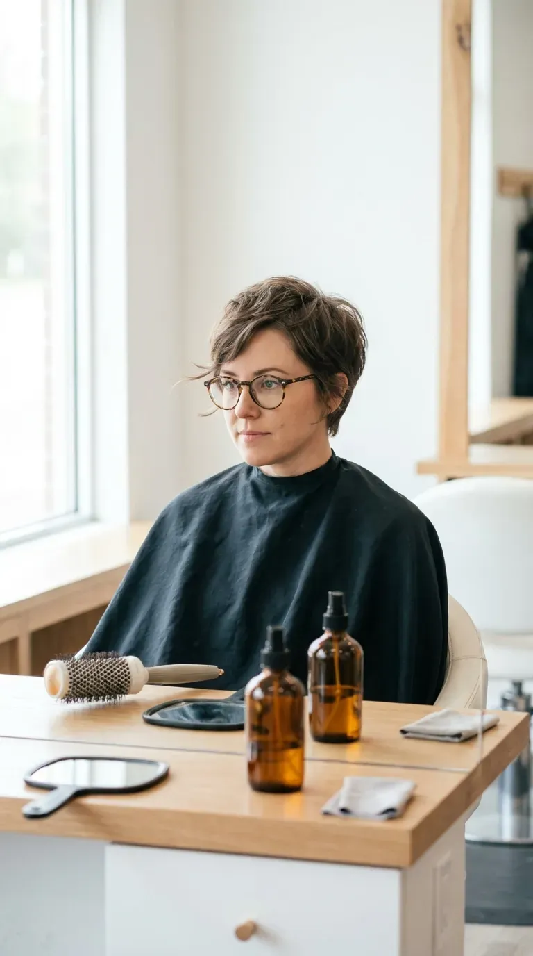 Woman wearing glasses with a classic textured pixie haircut and soft layers