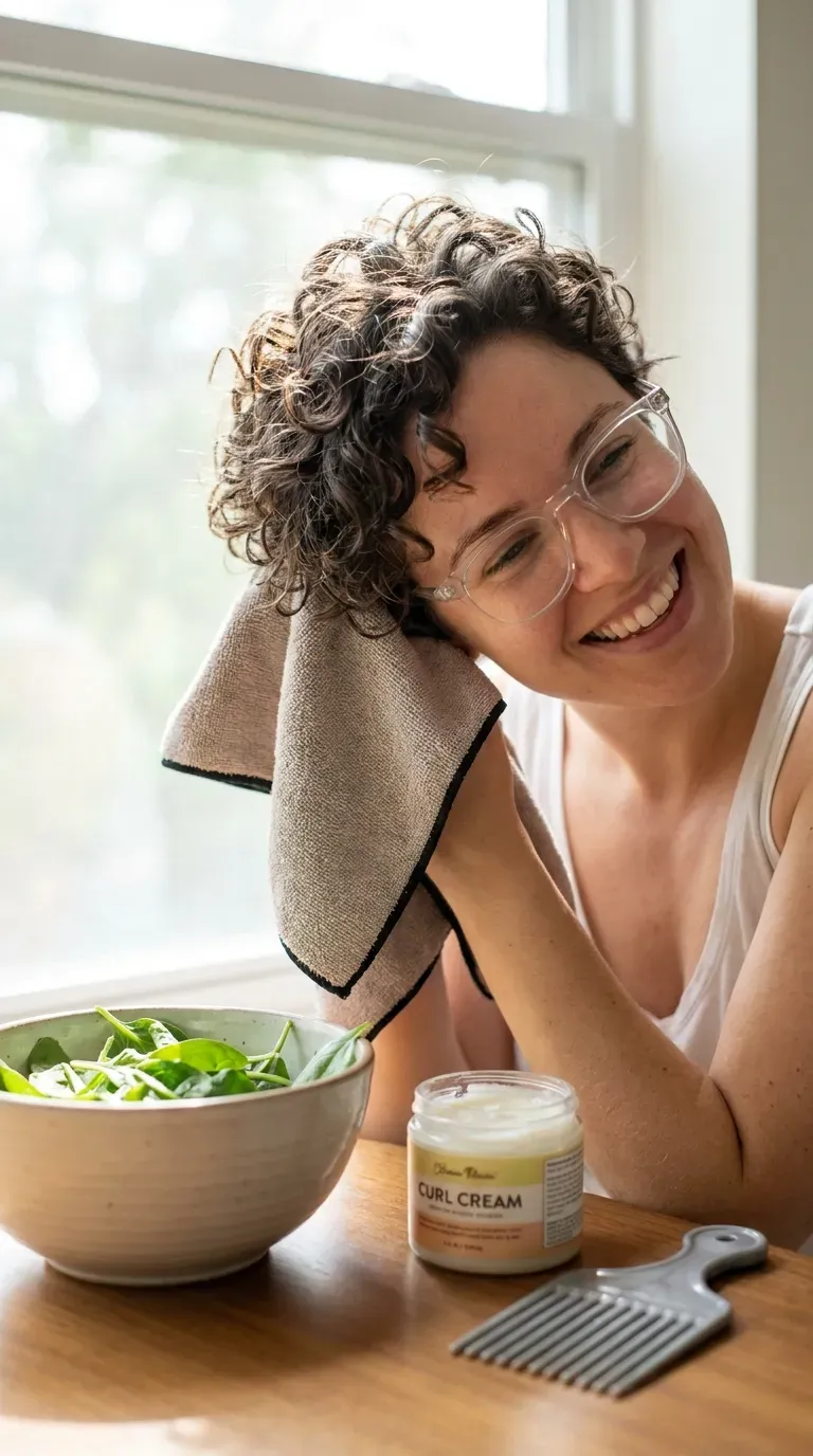 Defined curly pixie haircut worn with glasses on naturally curly hair