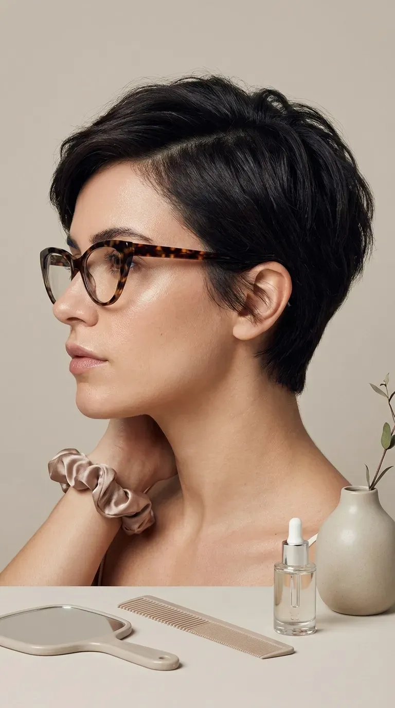 Pixie haircut with a deep side part worn with glasses for added volume