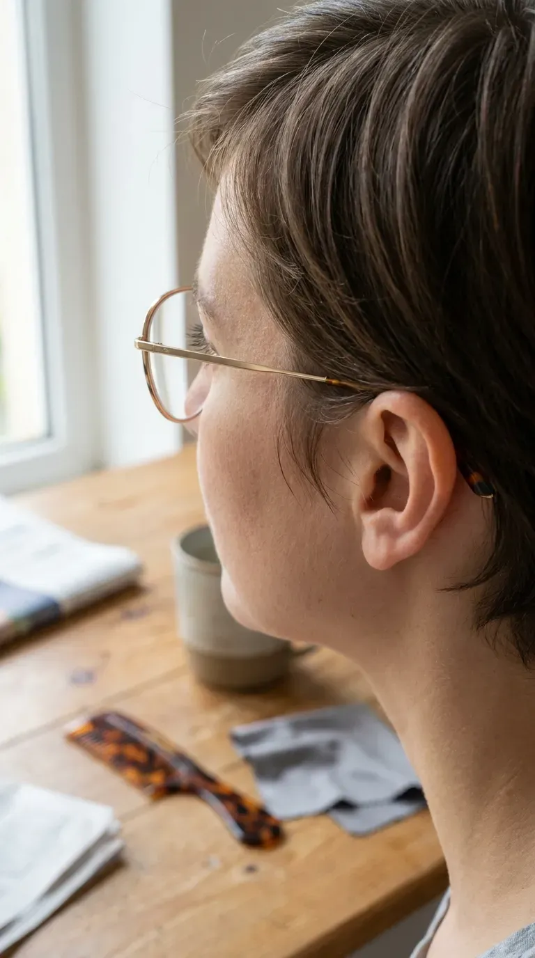 Pixie haircut styled with sides tucked behind the ears for glasses wearers