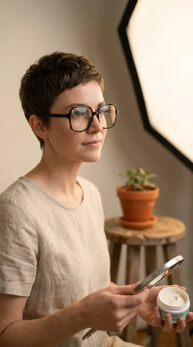 Pixie haircut with soft face-framing layers worn with glasses
