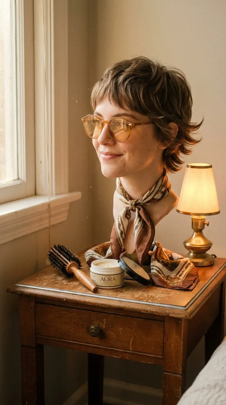 Feathered layered pixie haircut worn with glasses adding softness around the face