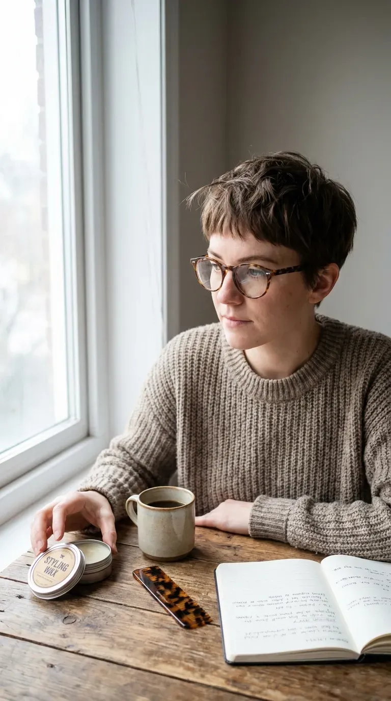French crop pixie haircut with short textured fringe worn with glasses
