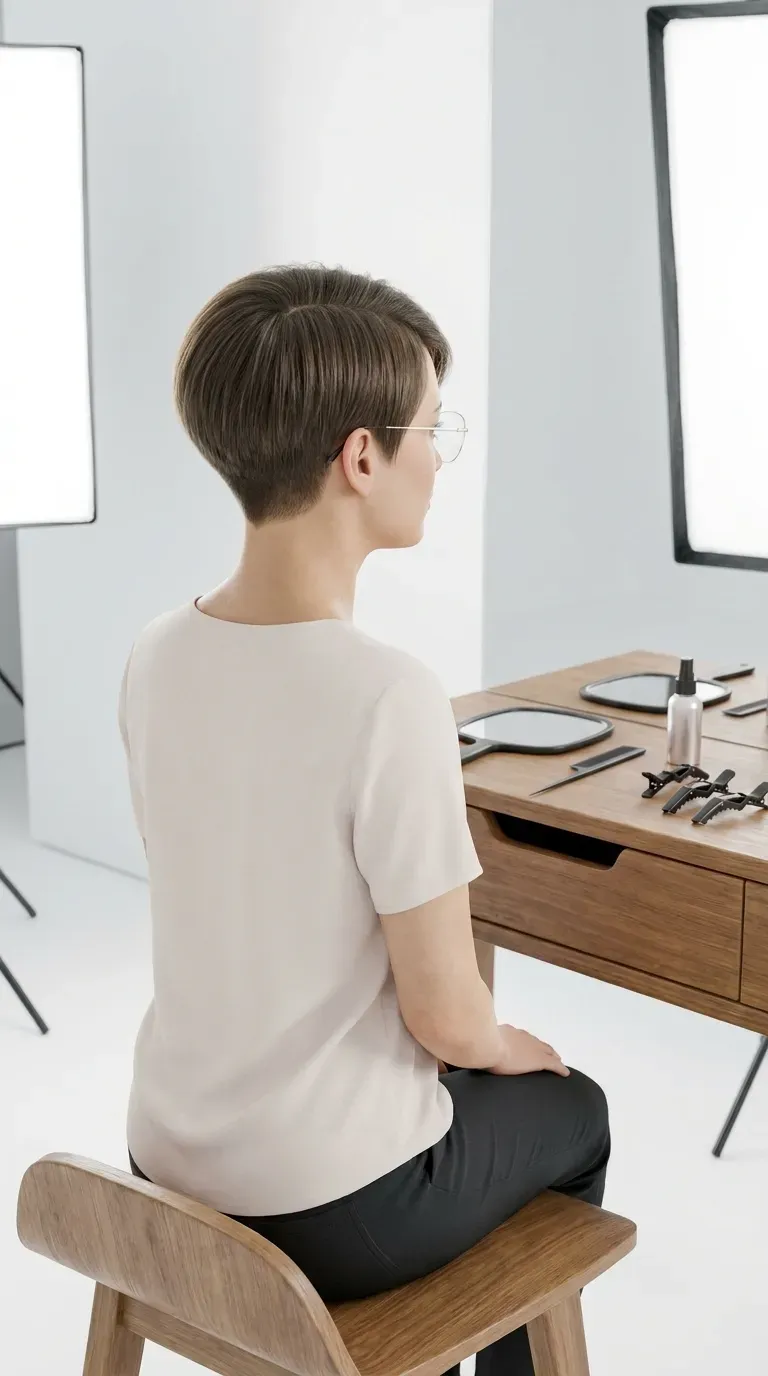 Graduated pixie haircut with shorter nape and longer crown worn with glasses