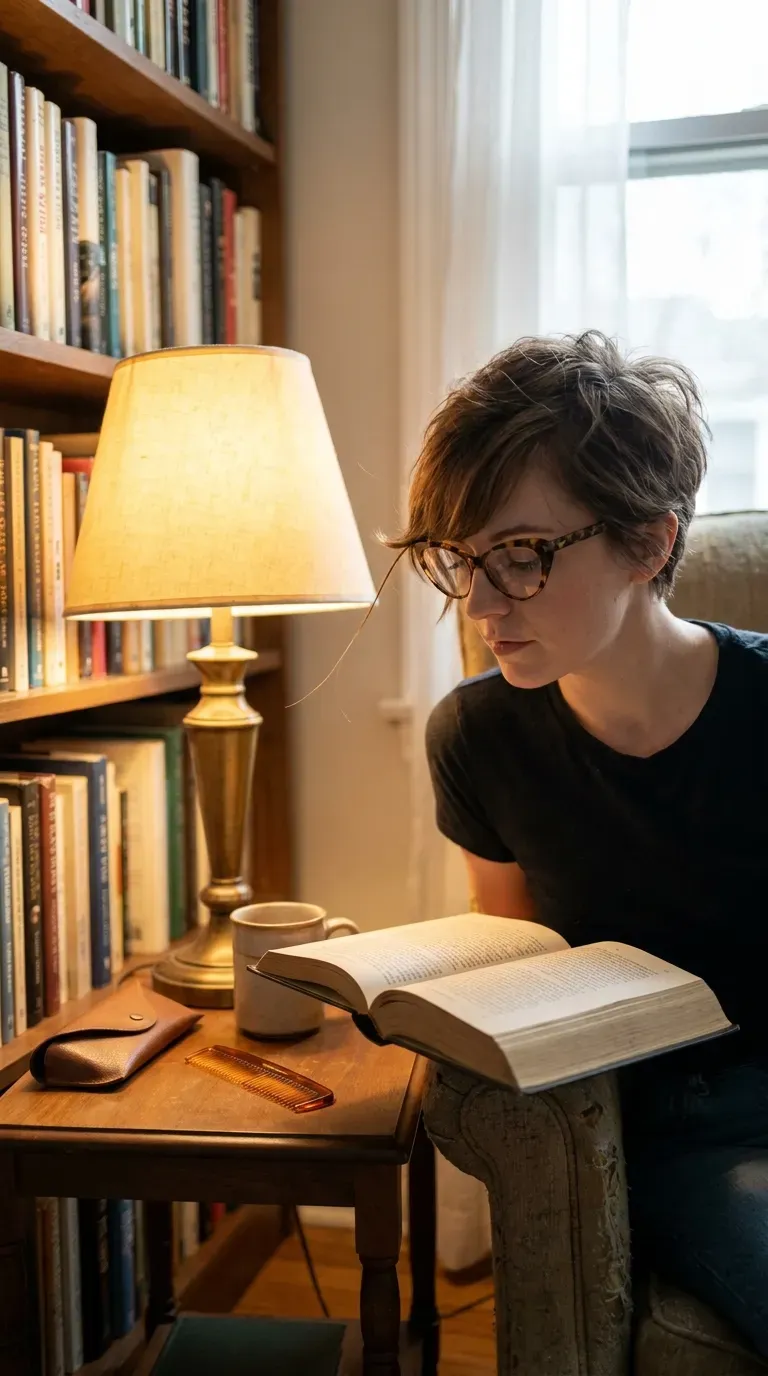Pixie haircut with long side-swept bangs worn with glasses