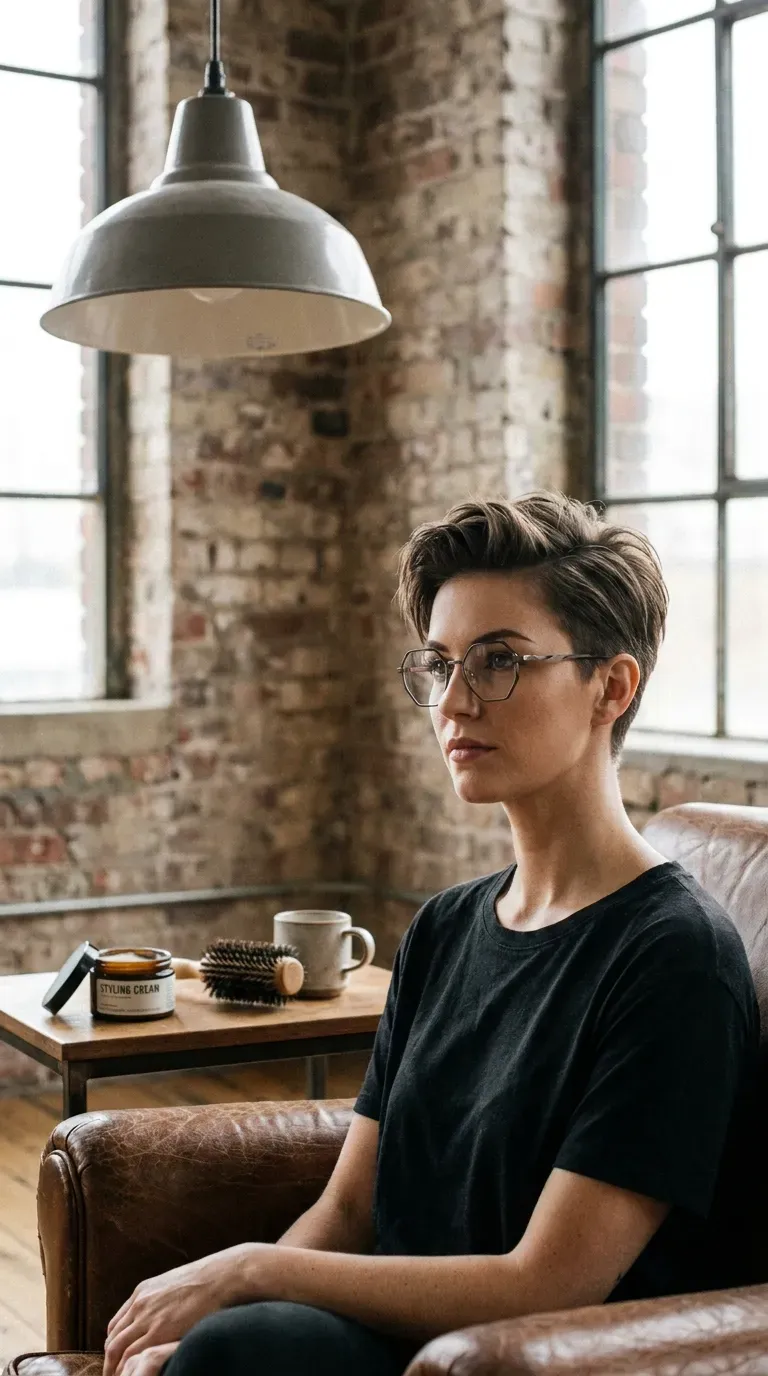 Pixie haircut with longer length on top styled away from glasses frames