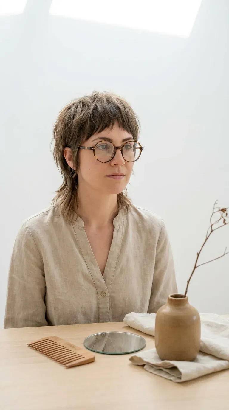 Long pixie bob hybrid haircut worn with glasses for a versatile length