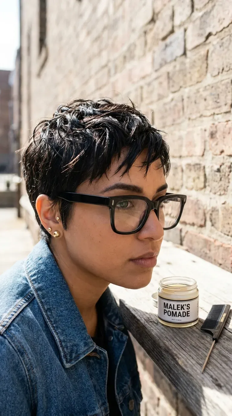 Piecey, separated textured pixie haircut worn with glasses