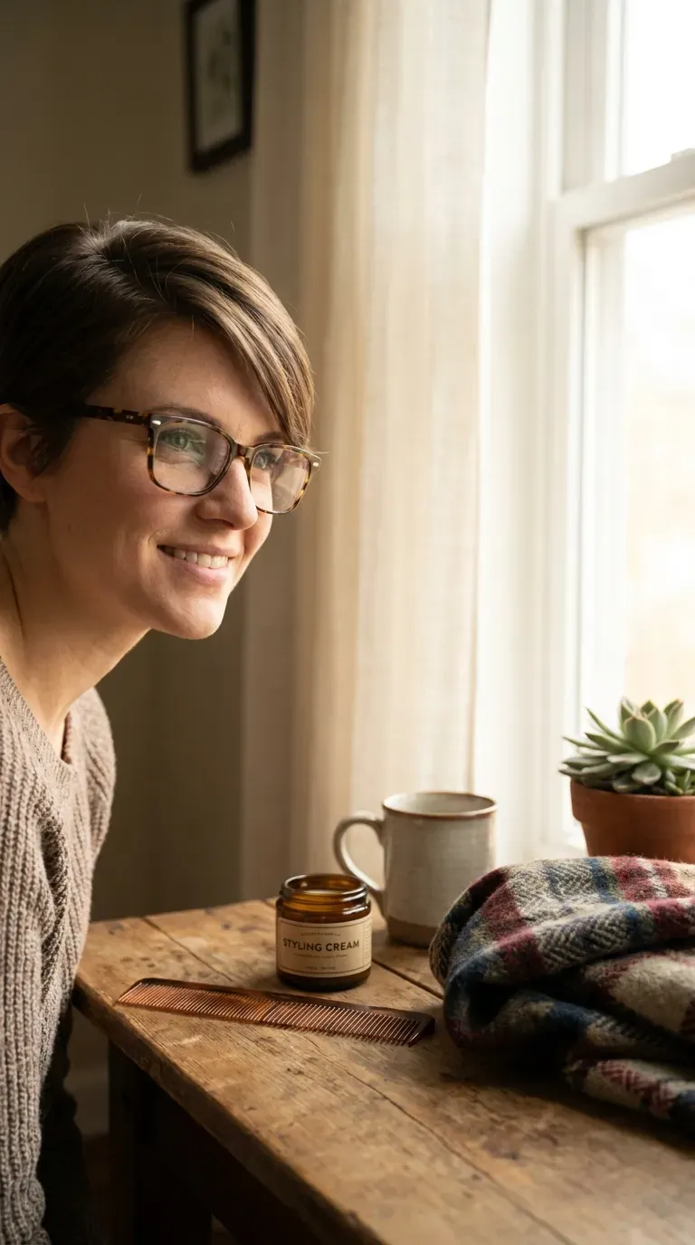 Side-swept pixie haircut worn with glasses framing the face