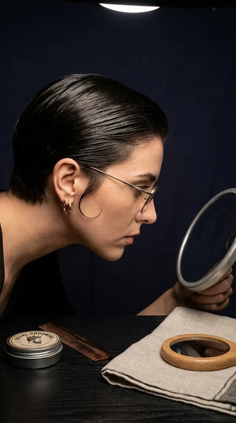 Slicked-back pixie haircut worn with glasses for a sleek polished look