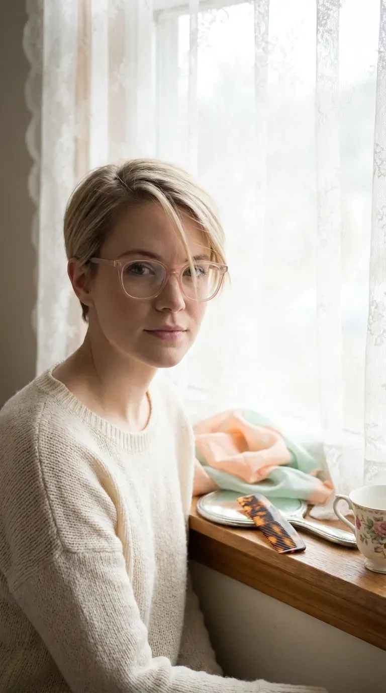 Pixie haircut with soft wispy fringe worn above glasses frames
