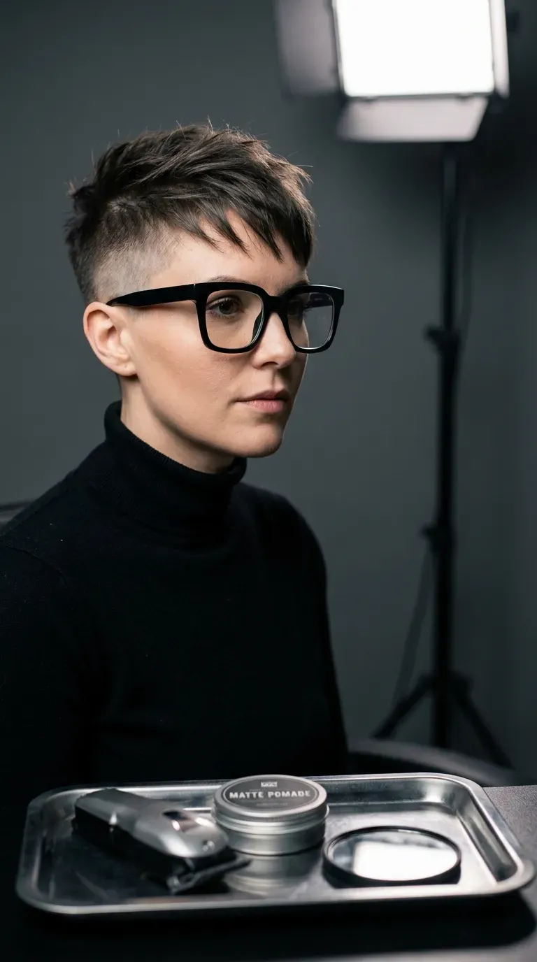 Pixie haircut with a shaved undercut worn with bold glasses