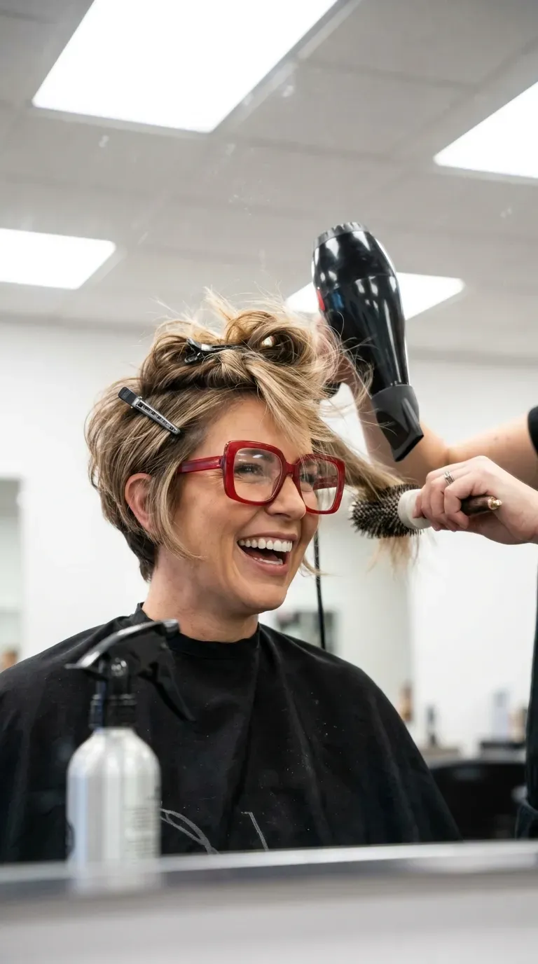 Voluminous pixie haircut with lifted roots worn with statement glasses