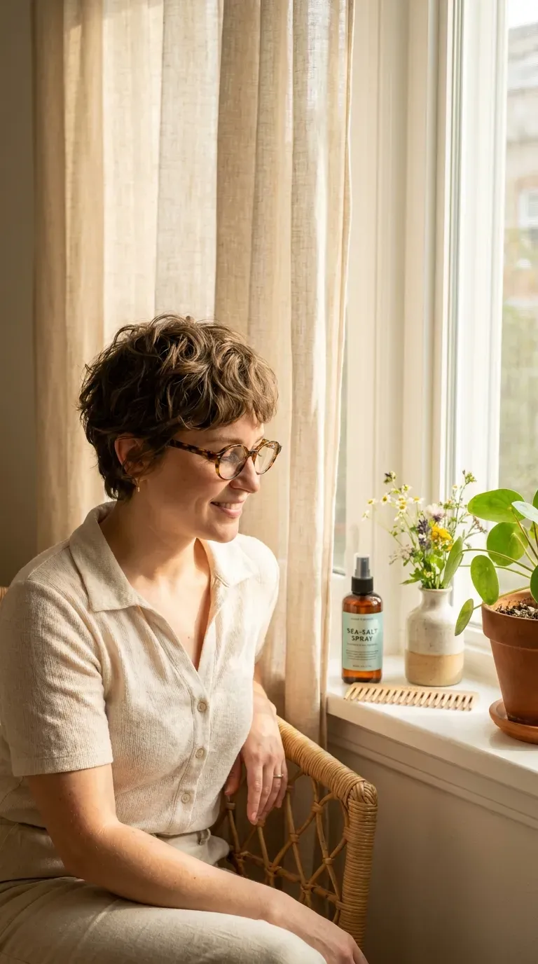 Wavy textured pixie haircut worn with glasses adding softness to the face