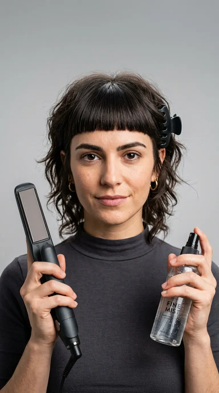 Woman with a short shag paired with a precise blunt fringe