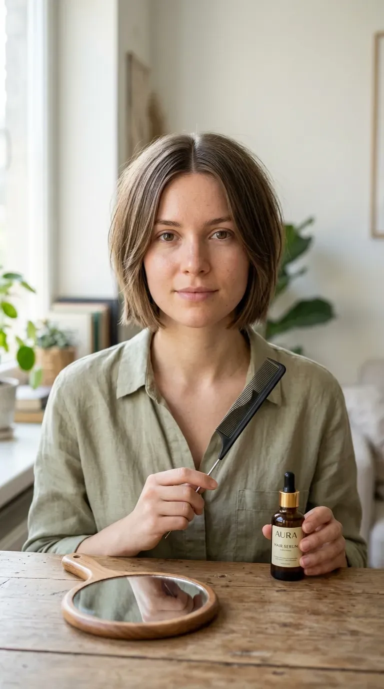 Woman with a short shag styled with a precise center part
