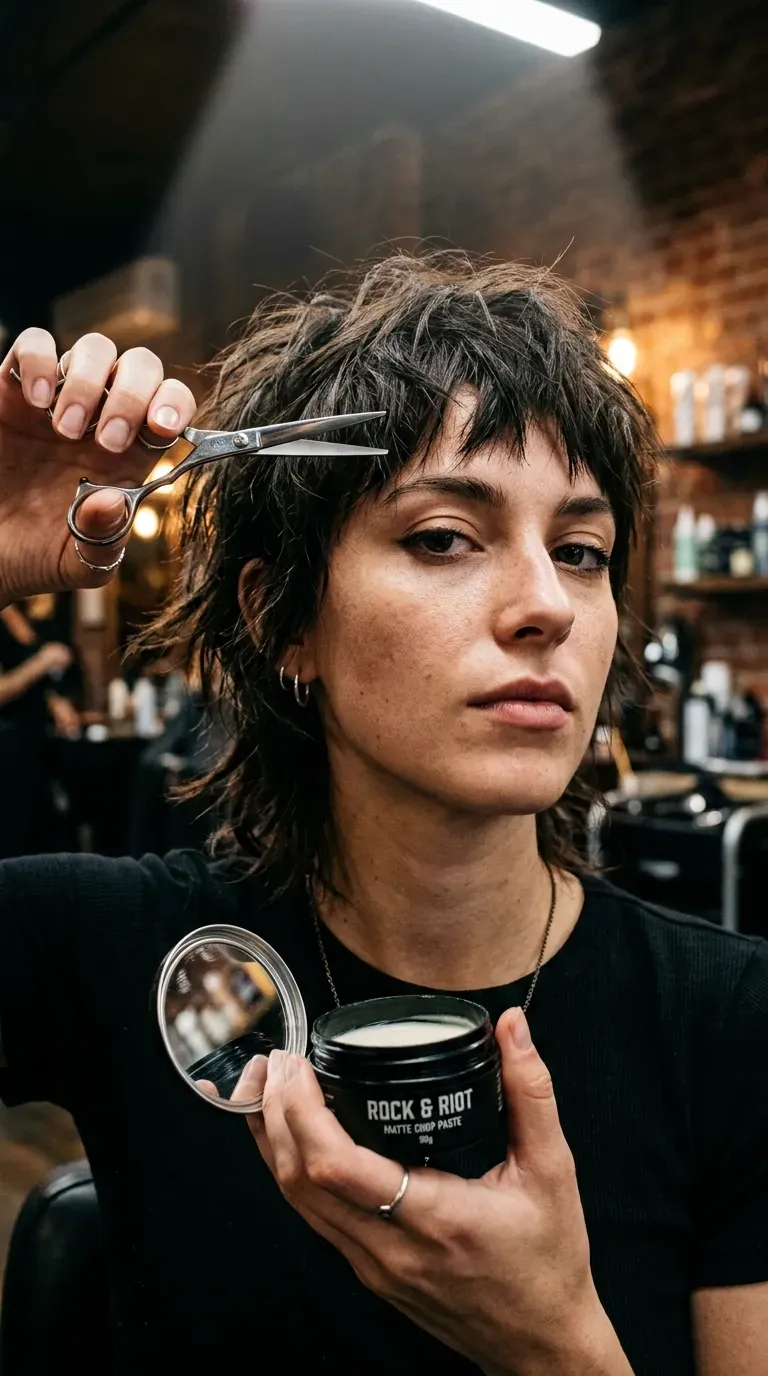 Woman with a short shag featuring choppy, jagged ends