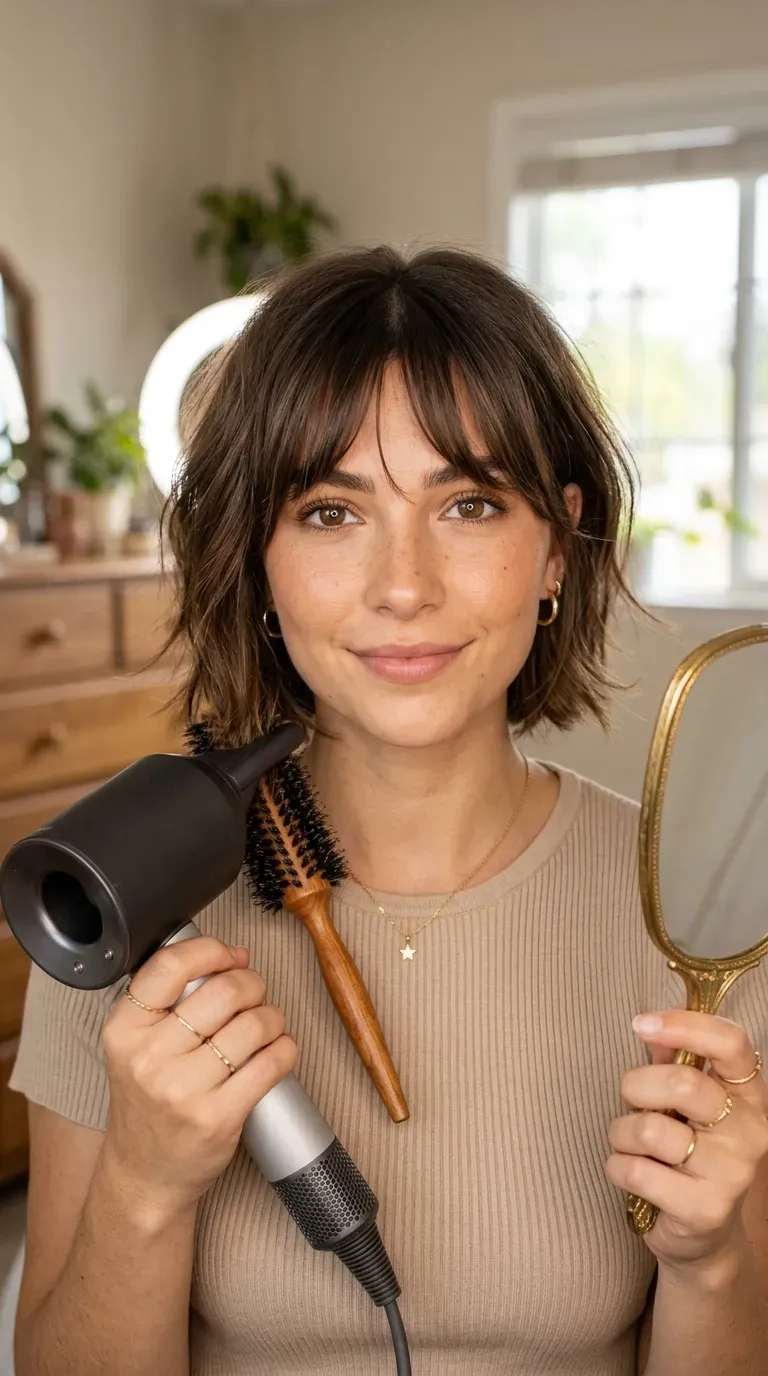 Woman with a short shag haircut and curtain bangs showing full texture