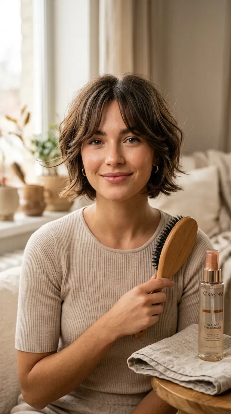 Woman with a short shag paired with soft curtain bangs