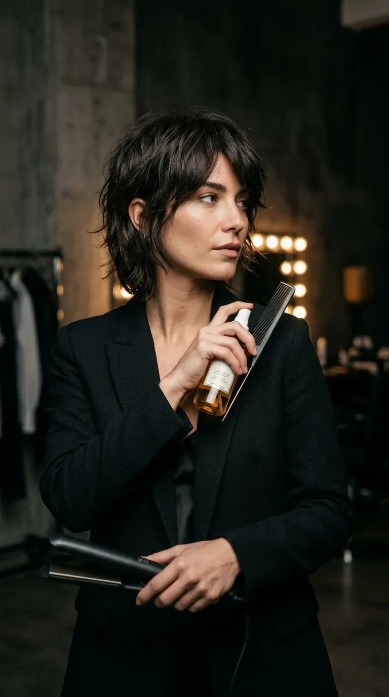 Woman with a short shag styled with a deep, dramatic side part