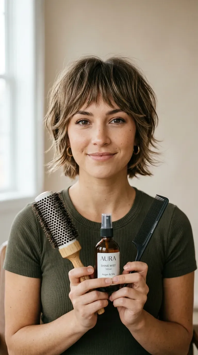 Woman with a short shag featuring soft face-framing layers