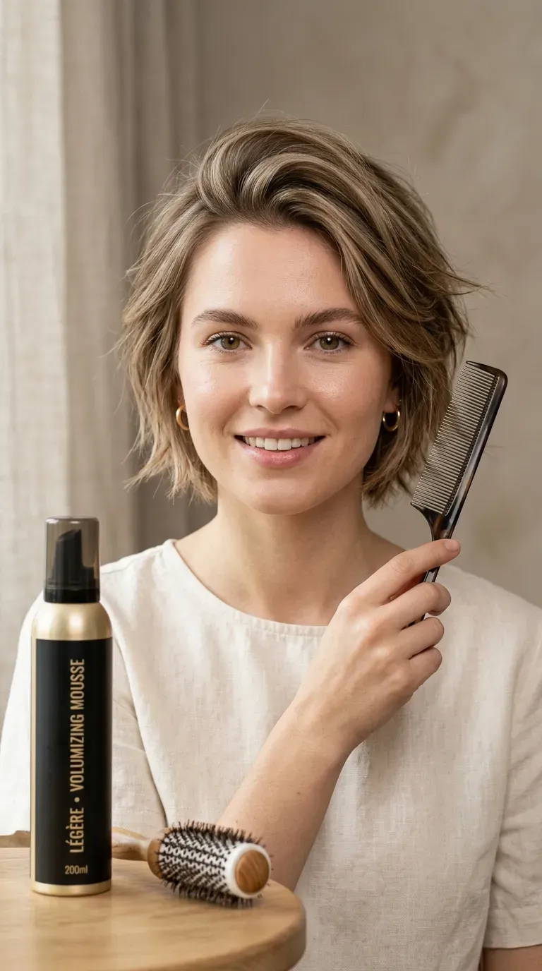 Woman with a short shag styled to add fullness to fine hair