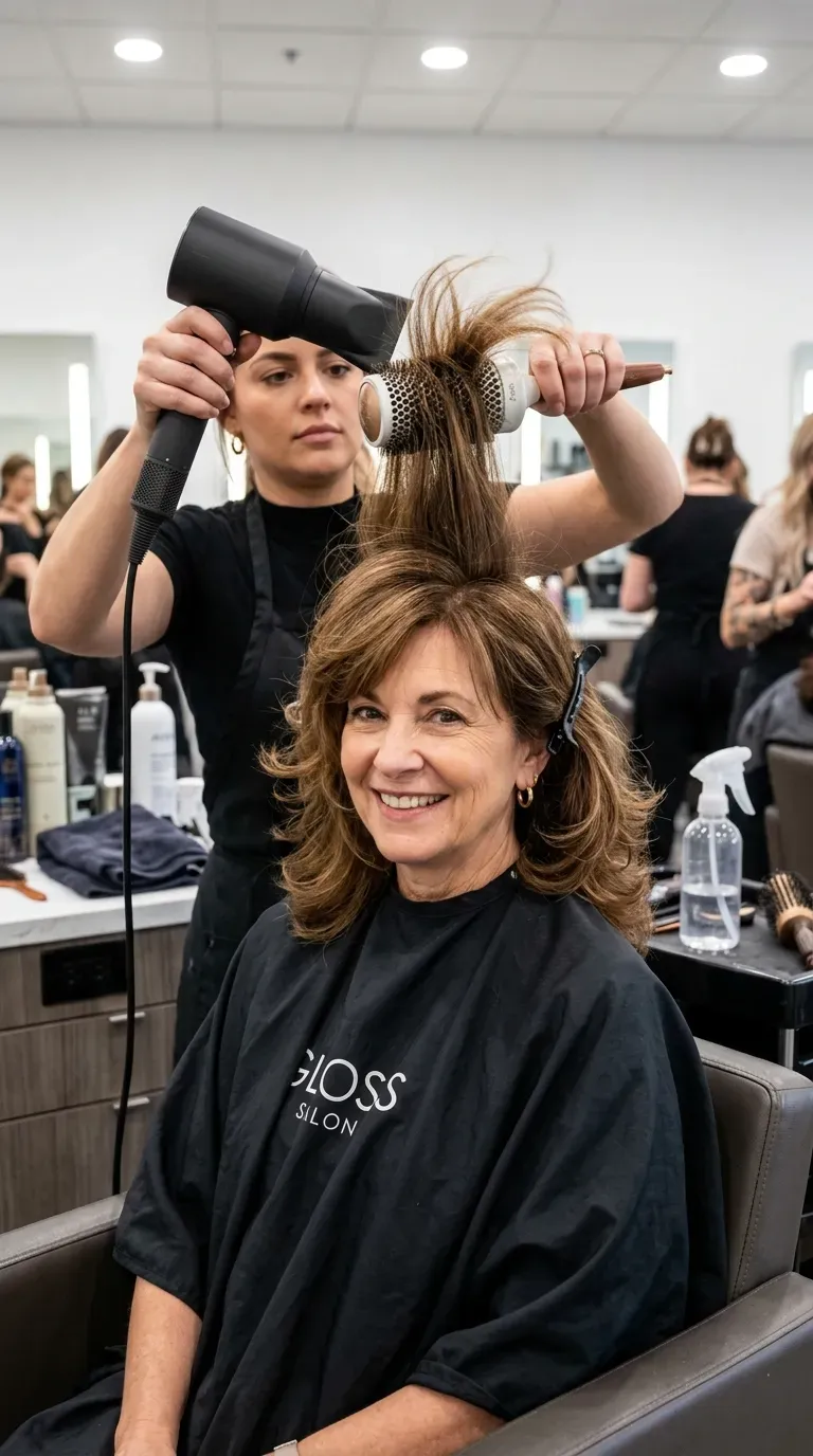 Woman over 50 with a shag haircut styled with a voluminous blowout