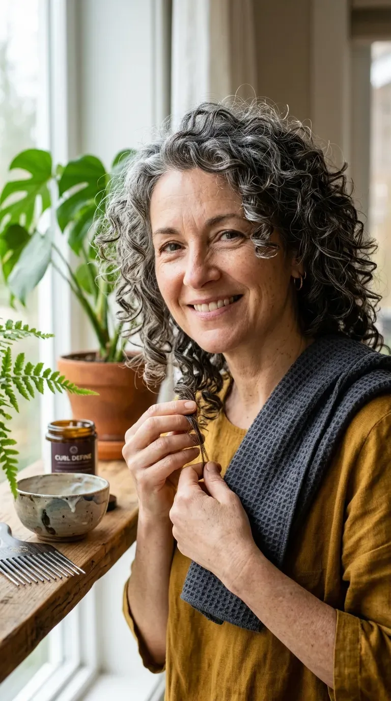 Woman over 50 with a curly shag haircut and defined natural curls