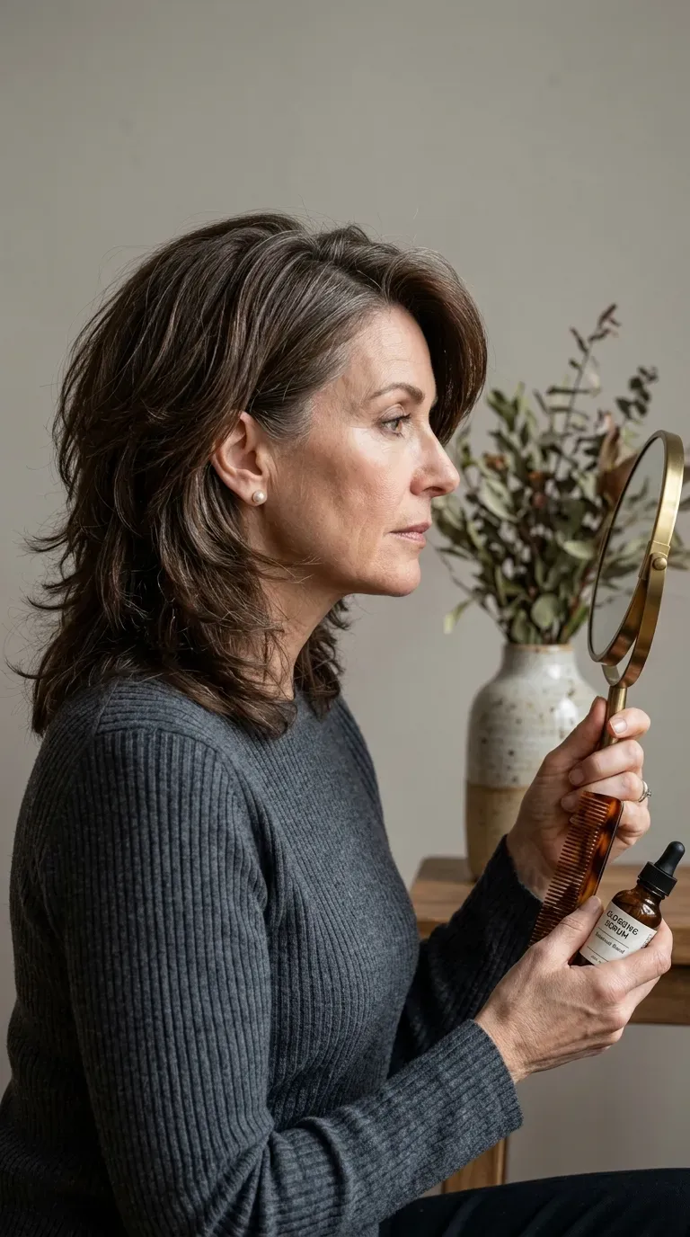 Woman over 50 with a shag haircut styled with a deep side part