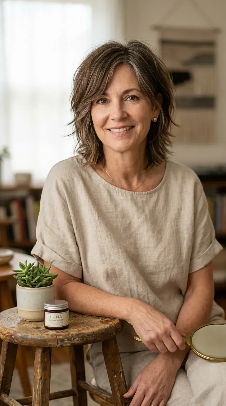 Woman over 50 with a shag haircut and soft face-framing layers