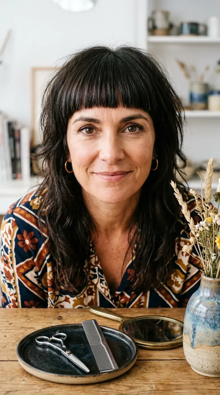 Woman over 50 with a shag haircut and a full, blunt fringe