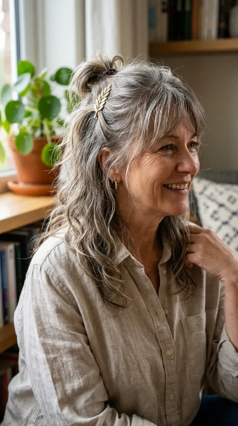 Woman over 50 with a shag haircut styled half-up