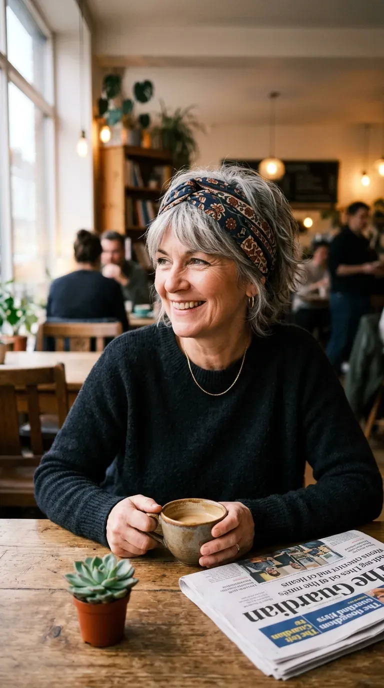 Woman over 50 with a shag haircut styled with a wide headband