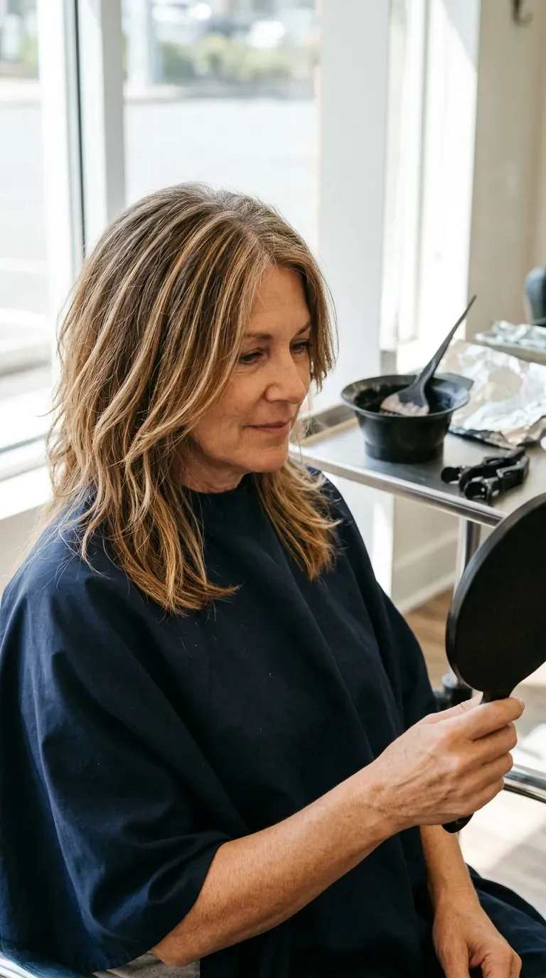 Woman over 50 with a shag haircut featuring a subtle highlight pattern