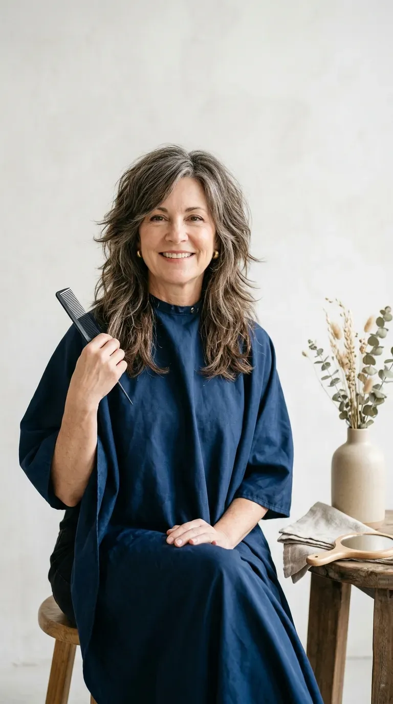 Woman over 50 with a longer shag haircut past the shoulders